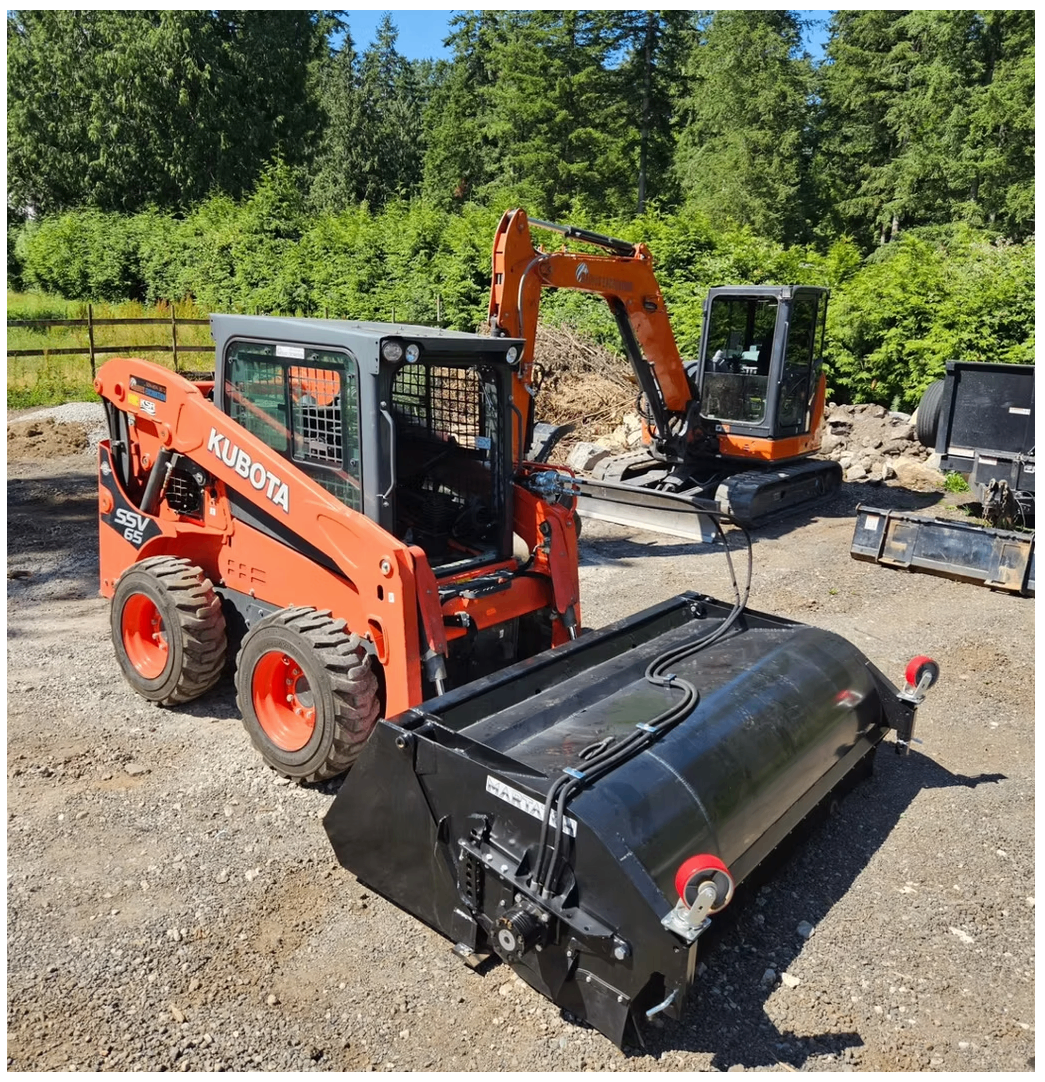 Kubota skid steer, mini excavator, and sweeper attachment prepared for excavation work